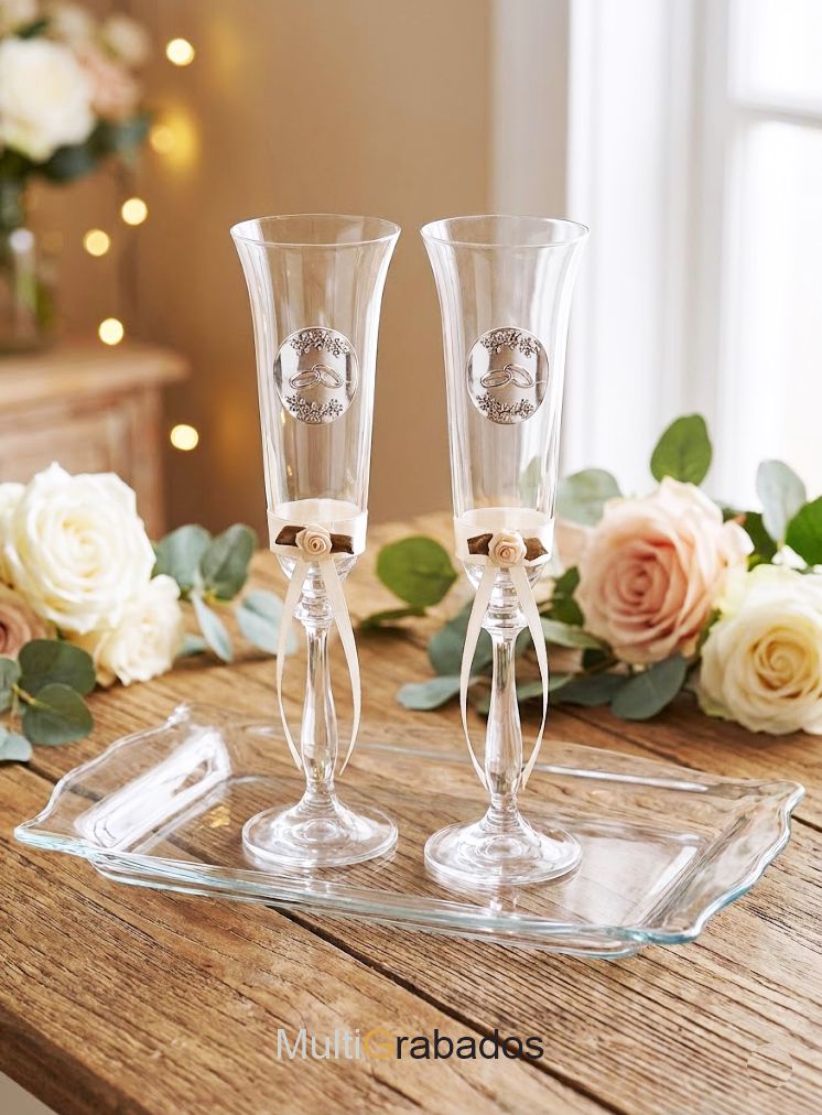 Pareja de copas de cava de cristal con apliques de alianzas plateadas, situadas sobre una bandeja de cristal y presentadas para regalo de boda.