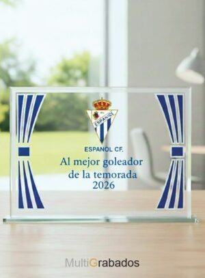 Placa de cristal transparente con base y acabados en color azul moderno, personalizada para entrega de premios, reconocimientos y homenajes.