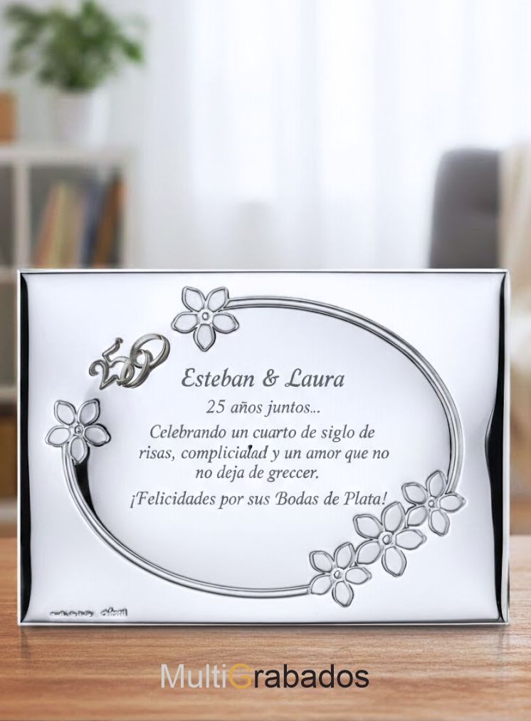 Placa conmemorativa de plata brillante para 25 aniversario con el número 25 en plata