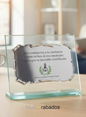 Placa conmemorativa institucional modelo 2280 de cristal y metal con grabado de escudo y texto de agradecimiento