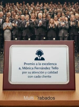 Placa conmemorativa de aluminio modelo 4625 para jubilaciones y eventos de empresa, presentada en estuche azul premium