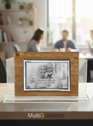 Placa conmemorativa de metal madera y cristal personalizada con foto y texto de agradecimiento, en estuche de presentación