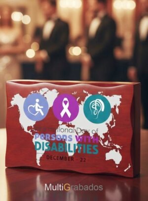 Placa de reconocimiento deportivo modelo Wood Tangle fabricada en madera lustrada con estuche de presentación azul