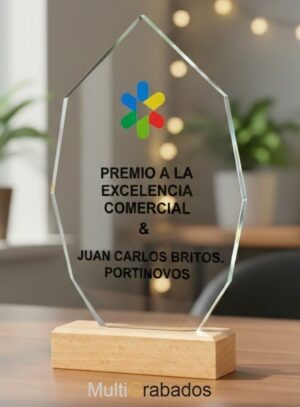 Trofeo conmemorativo Elite Wood de cristal resistente y base de madera natural para personalización corporativa.