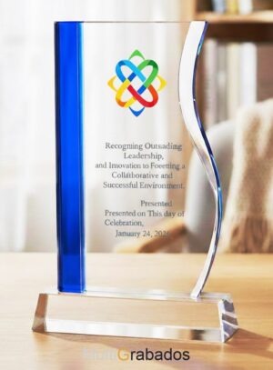 Placa de cristal rectangular con columna lateral azul y borde curvo