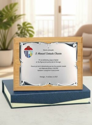 Placa de homenaje de madera de bambú personalizada con estuche azul de lujo