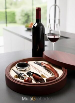 Estuche circular de madera para vino Baco abierto mostrando accesorios