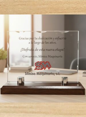 Placa de madera y cristal 22030 grabada para premios empresariales