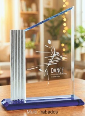 Placa de cristal transparente grabada con base azul y columna lateral de espejo para premiaciones