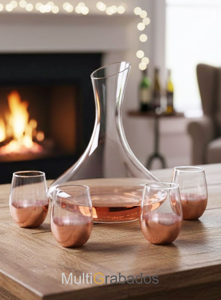 Set de cristalería de lujo con decantador estilizado y cuatro vasos sin tallo, todos con un sofisticado recubrimiento rosado degradado en la base.