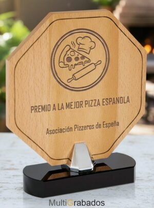 Metopa de madera natural en forma octogonal con base negra elegante para premios personalizados