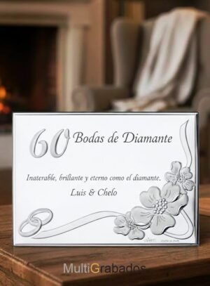 Placa conmemorativa de plata para 60 aniversario (Bodas de Diamante) con grabado personalizado