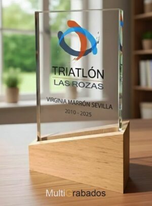 Trofeo de cristal óptico con soporte de madera natural modelo Wood World para premiaciones y homenajes
