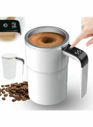 Taza automezclable de acero inoxidable con botón de agitación automática para café