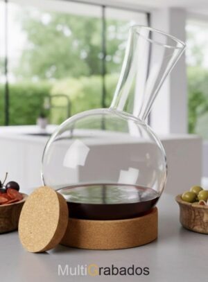 Decantador esférico de cristal con vino tinto sobre base de corcho