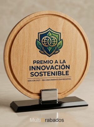 Trofeo de madera circular Eco-Circle personalizado para premio de innovación sostenible - MultiGrabados